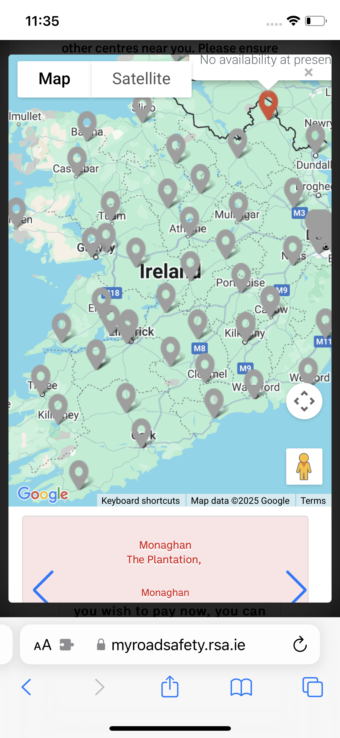 Screenshot of map with test centre locations